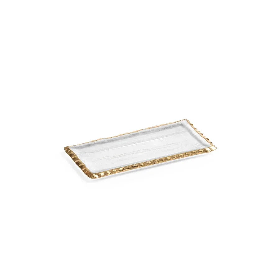 CLEAR TEXTURED RECTANGULAR TRAY WITH JAGGED GOLD RIM - SMALL