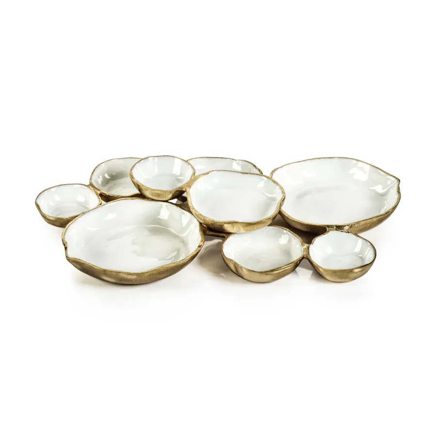 Cluster of Nine Round Serving Bowls- Gold w/ White Enamel - 19"