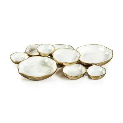 Cluster of Nine Round Serving Bowls- Gold w/ White Enamel - 19"