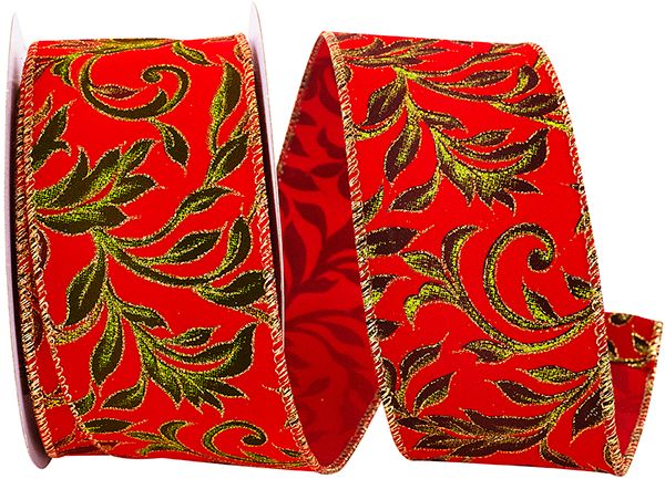 RIBBON-EXQUISITE SCROLL HOLIDAY WIRED EDGE RIBBON, RED/GREEN, 2-1/2IN 10 YARDS