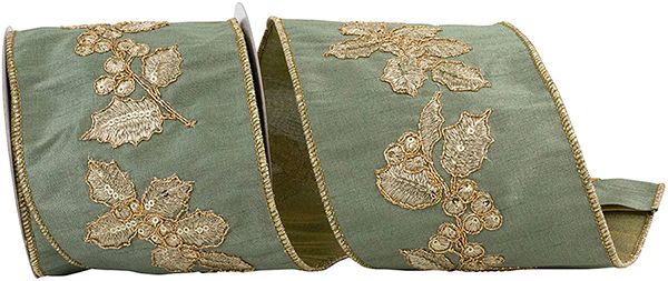 RIBBON - HOLLY METALLIC STITCHED EMBROIDERY DELUXE BACKED WIRED EDGE RIBBON, SAGE, 4 INCH 5 YARDS