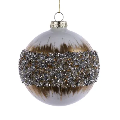100Mm Glass Ball Ornament White/Brown/Gold Glass