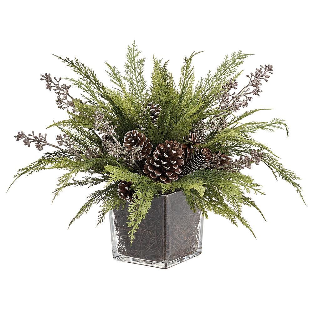 14" P. CONE/PINE IN GLASS VASE