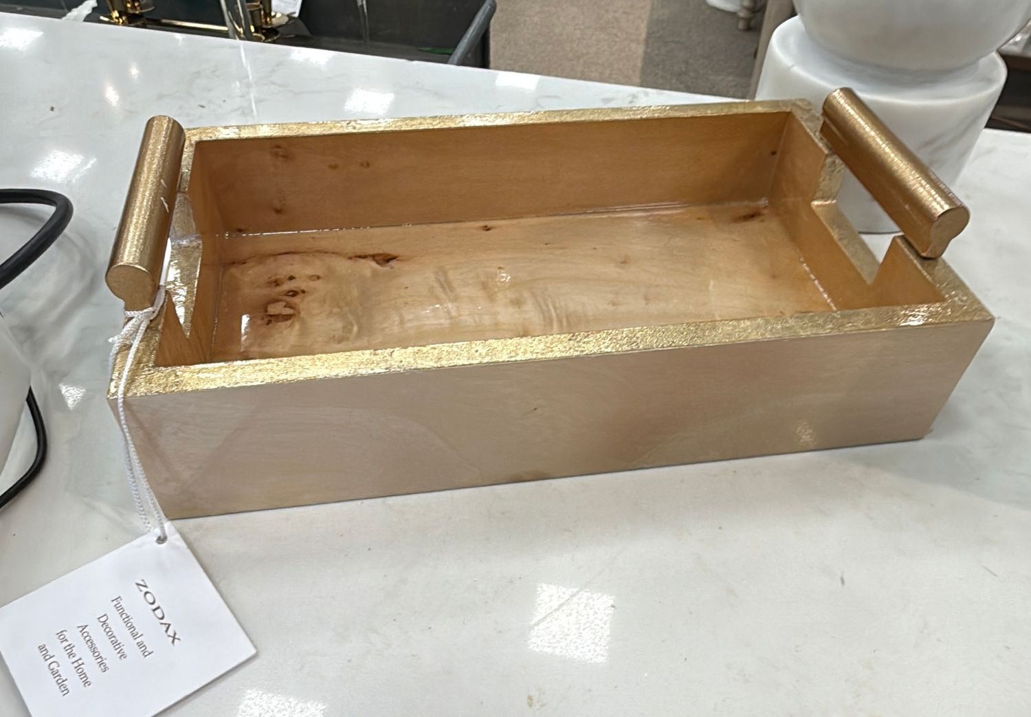 Zodax Dubbo Burl Wood Rectangular Tray with Gold Handles, 9.5" x 5.5"