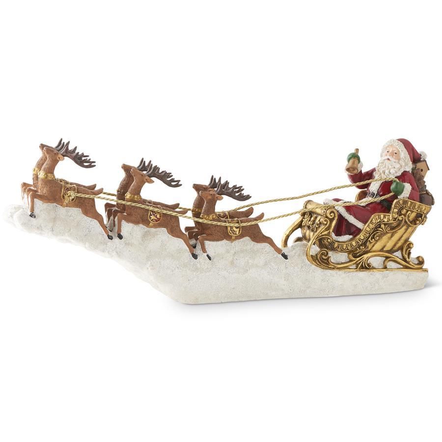 25" RESIN SANTA IN GOLD SLEIGH W/6DEER