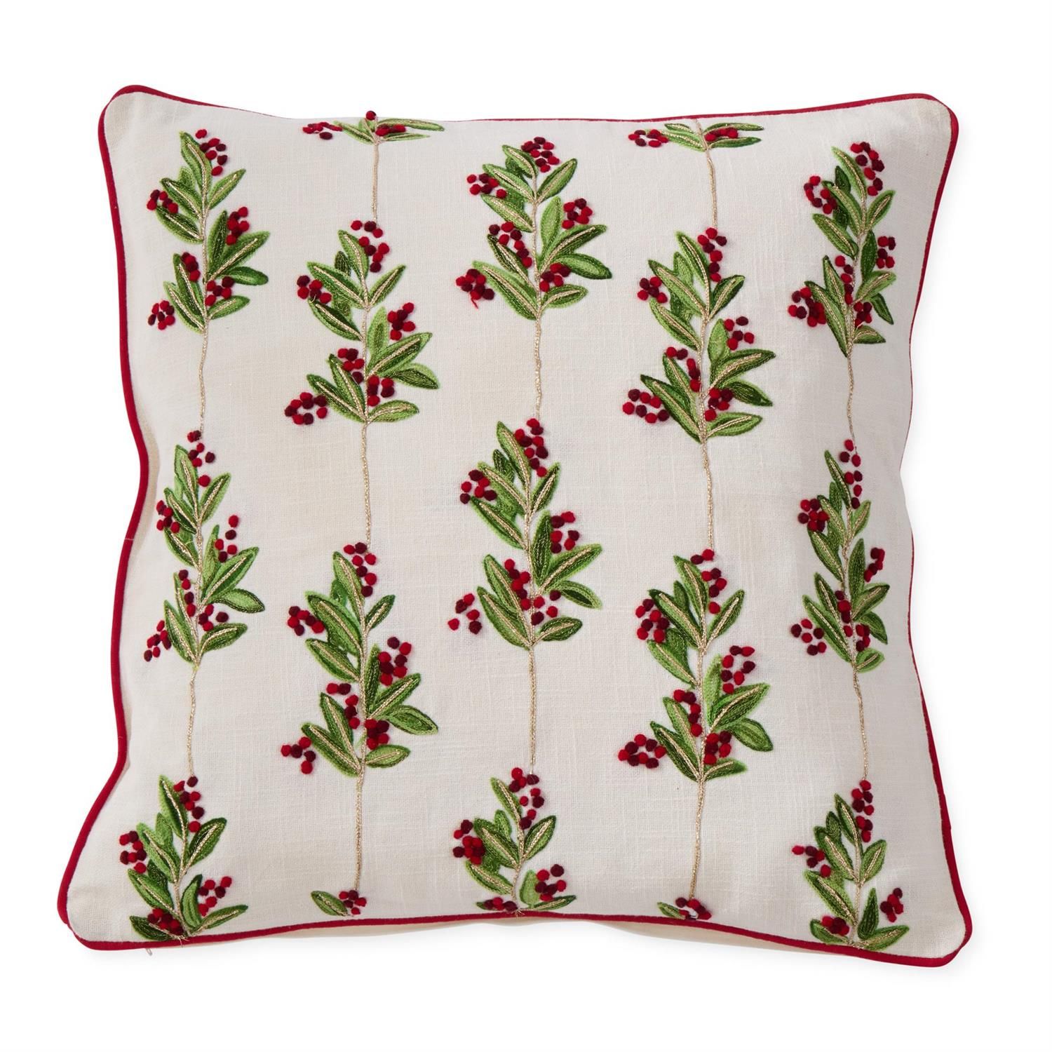 20 INCH CREAM COTTON PILLOW W/HOLLY LEAVES &amp; BERRIES