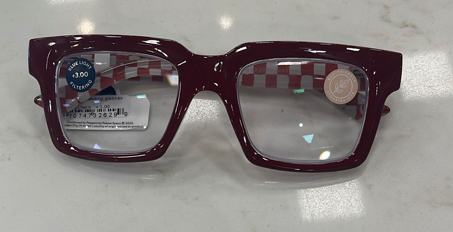 PEEPERS LOUIE DARK RED/CHECK READERS +3.00