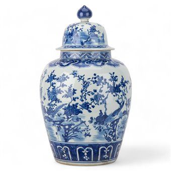 Lidded Large Round Jar Flower and Bird