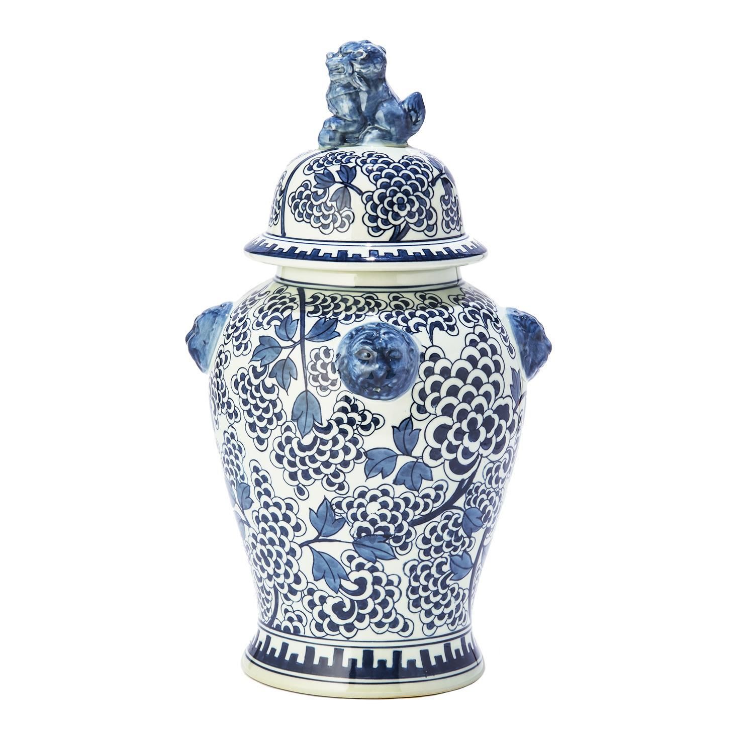 Blue &amp; White Peony Flower Temple Jar