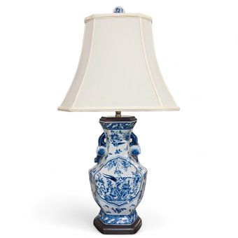 Hex Vase Lamp - B/W Birds &amp; Floral