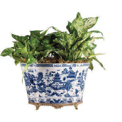 Porcelain Planter with Bronze Accent - Blue Willow