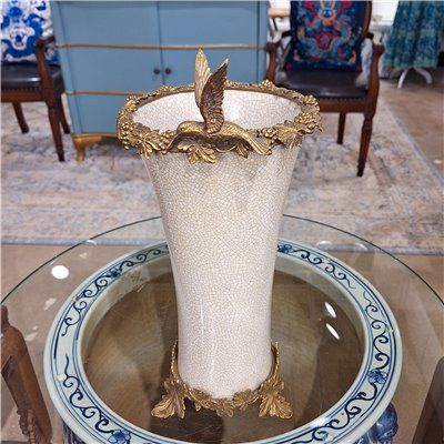 Porcelain White Crackle Round Vase with Bronze Ormolu
