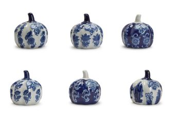 BLUE AND WHITE HAND PAINTED PORCELAIN PUMPKINS