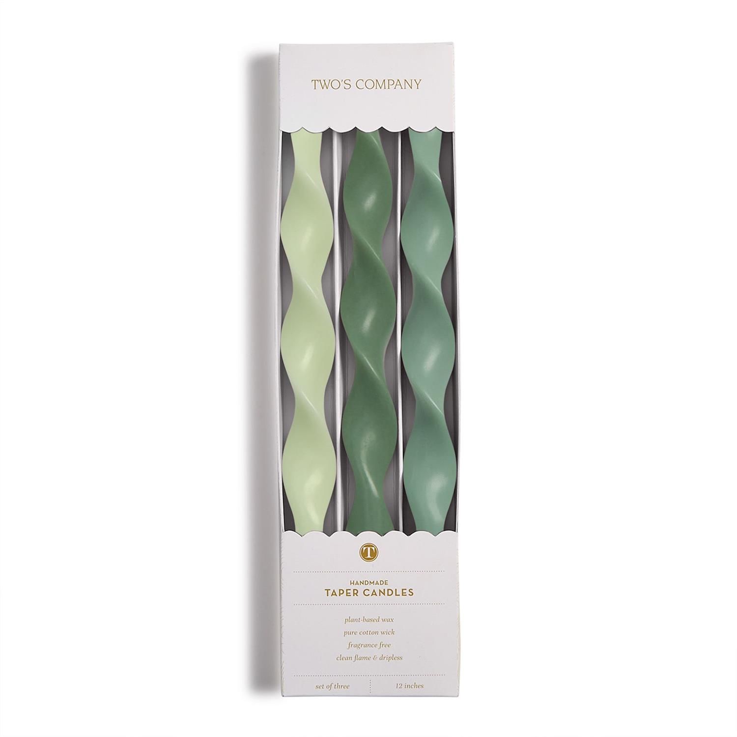 S/3 Twist and Glow Green Hue 12" Twist Taper Candles in Gift Box