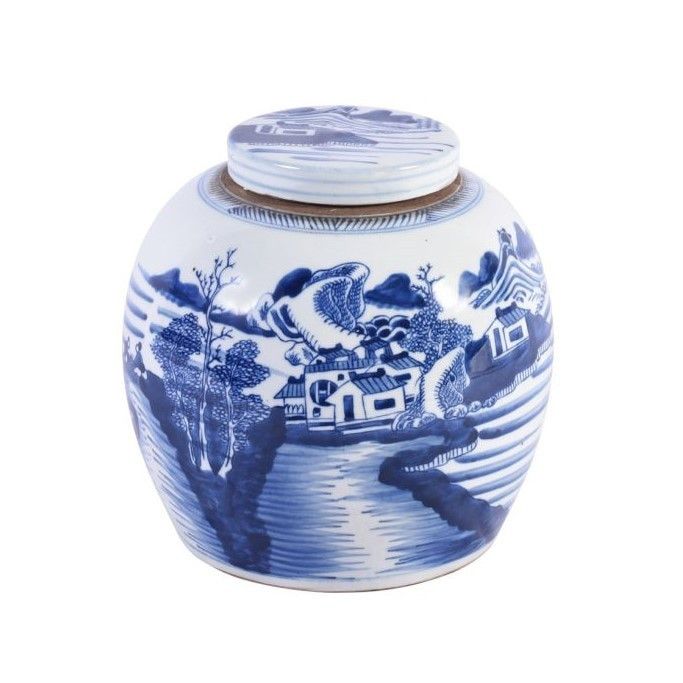 Blue &amp; White Ancestor Jar W/ Landscape Design