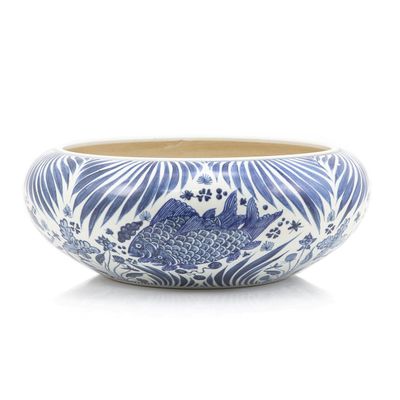 Blue And White Shallow Bowl Fish Motif - Small