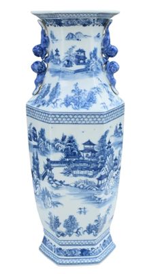 PORCELAIN B/W HEXAGONAL CHINOISERY VASE
