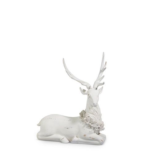 29" White Laying Deer with Holly Wreath
