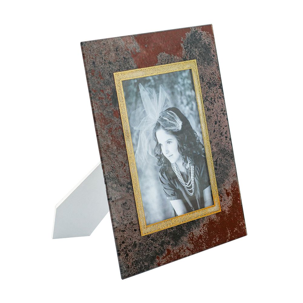 Glass Photo Frame with Distressed Bronze Finish and Gold Border,5x7" Opening