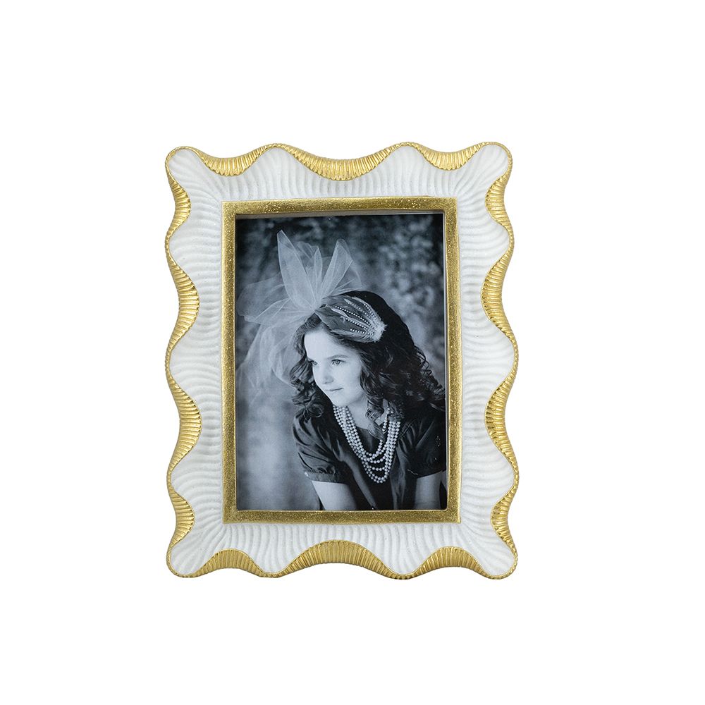 Stone Powder and Resin Photo Frame with White and Gold Finish,4x6" Opening
