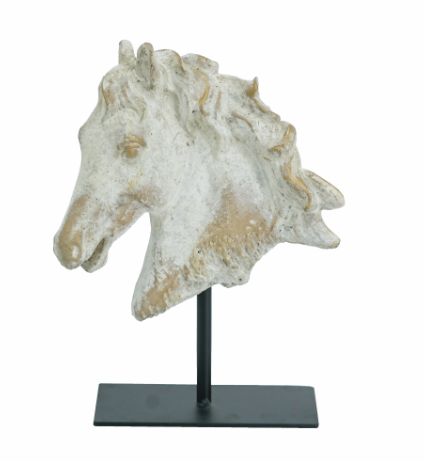 GRAY CEMENT HORSE HEAD STATUE WITH GOLD ACCENTS AND BLACK IRON BASE