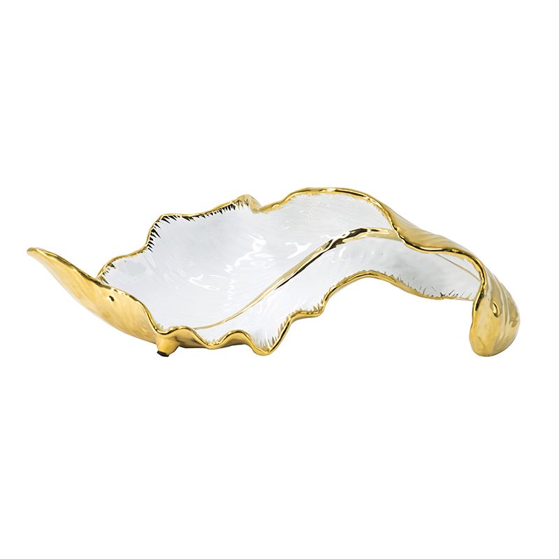 White and Gold Ceramic Leaf Table Accent