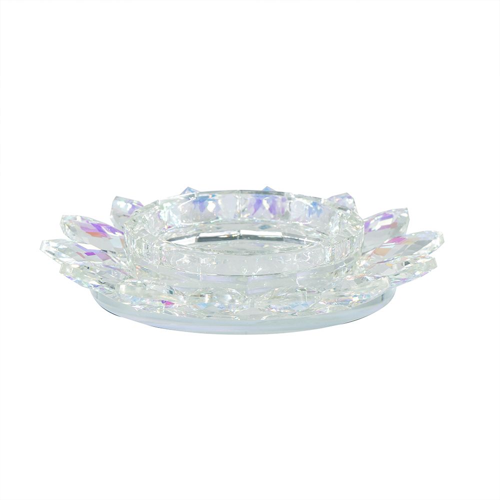 Glass Lotus Flower Pillar Candle Holder with Shimmering Iridescent Finish