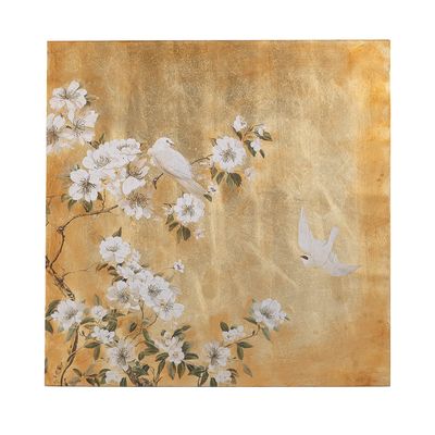 Hand-Painted White Blossom Wall Art with Textured Gold Background