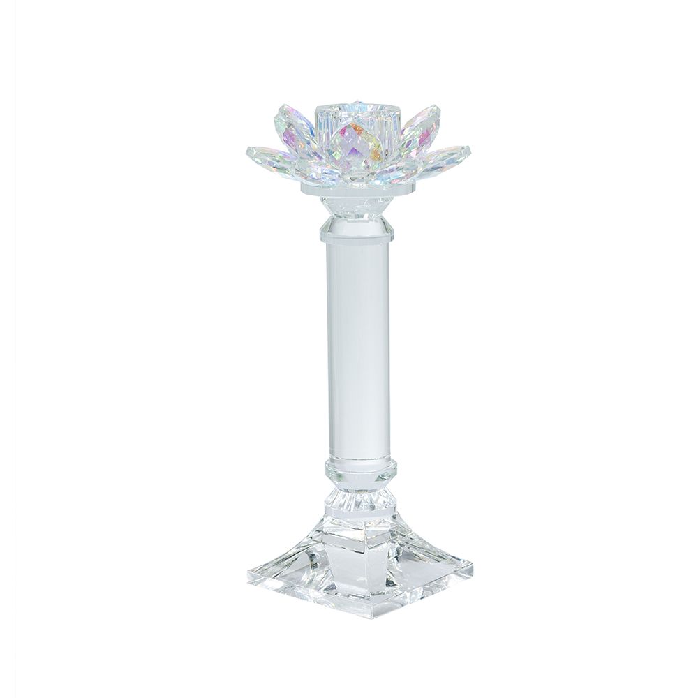 Clear Glass Lotus Flower Taper Candle Holder with Shimmering Iridescent Finish