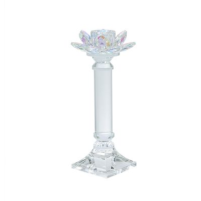 Clear Glass Lotus Flower Taper Candle Holder with Shimmering Iridescent Finish