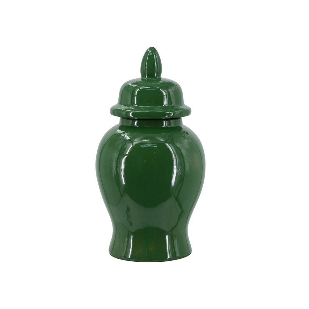 Classic Ceramic Ginger Jar with Glossy Green Finish and Finial Lid - C6183-GREE