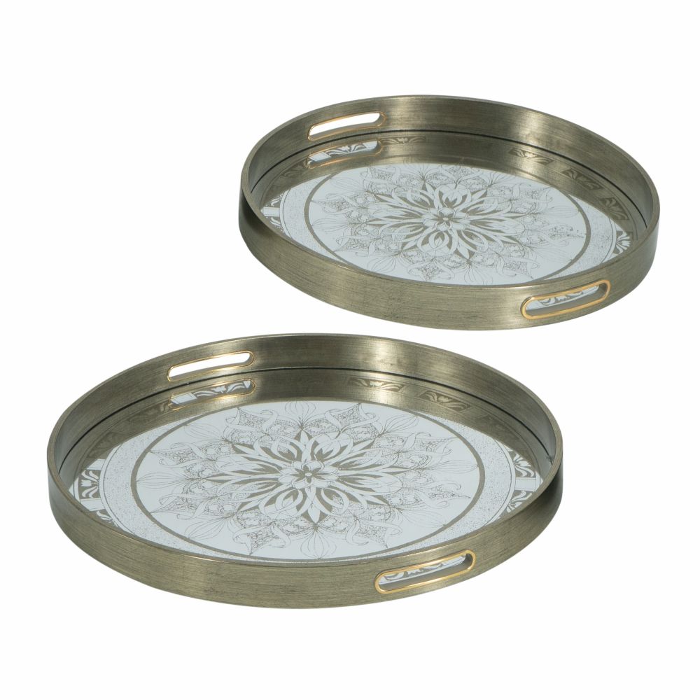 Round Silver Plastic Mirror Trays with Crest Motif, Small