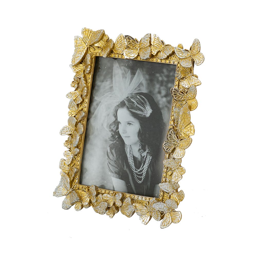 Silver and Gold Photo Frame with Whimsical Butterfly Design,4x6" Opening