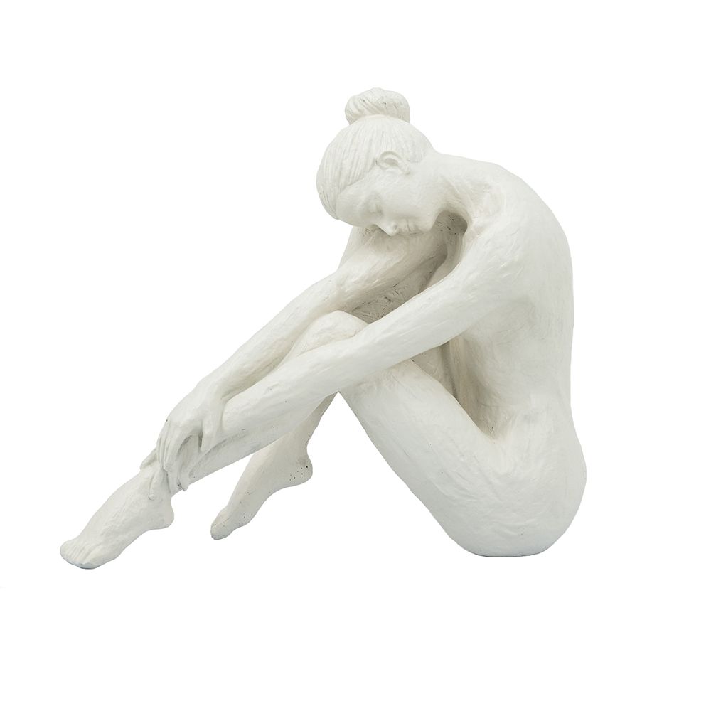 Seated Stone and Resin Woman Figurine with Smooth White Finish