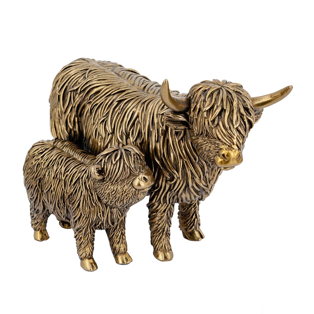 Lifelike Polyresin Highland Cow and Calf Statue with Rich Bronze Finish