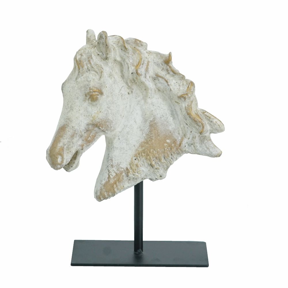 Gray Cement Horse Head Statue with Gold Accents and Black Iron Base - 460294