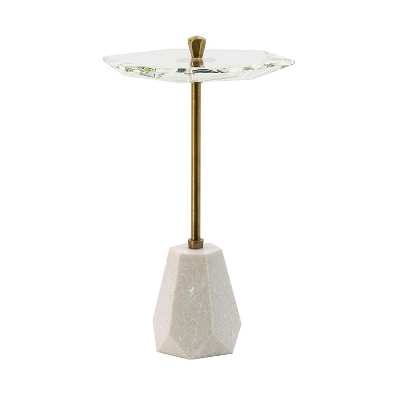 Marble Base Side Table with Unique Glass Tabletop, White/Gold/Clear