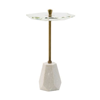 Marble Base Side Table with Unique Glass Tabletop, White/Gold/Clear