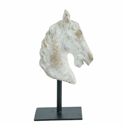 Gray Cement Horse Head Statue with Gold Accents and Black Iron Base - 460293