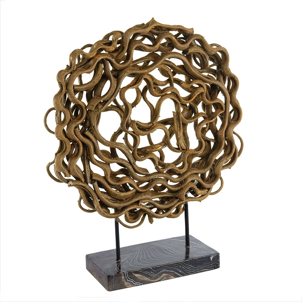 Large Rattan Sculpture with Teak Wood Stand, Brown