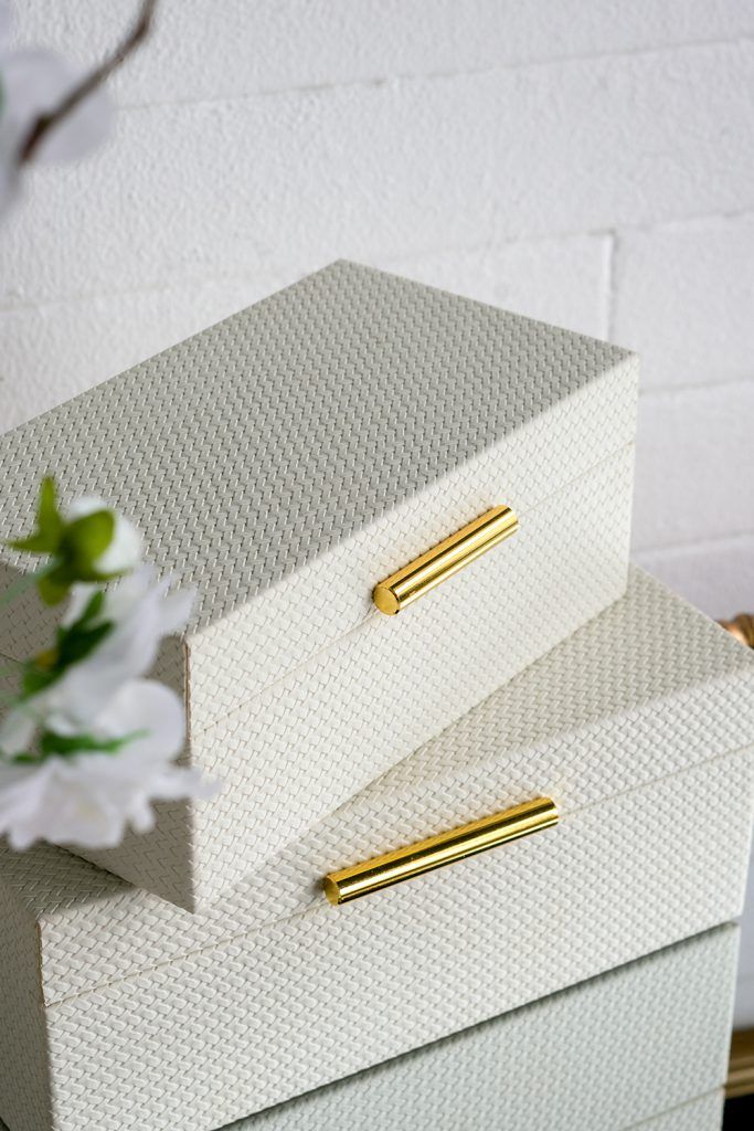 Decorative Wooden Storage Boxes with White Faux Leather Finish and Gold Handle Small