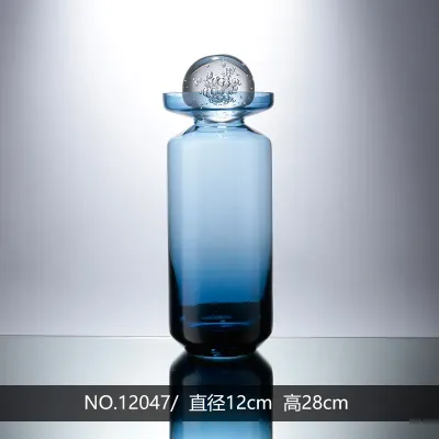BLUE GLASS VASE WITH CRYSTAL BALL - Tall