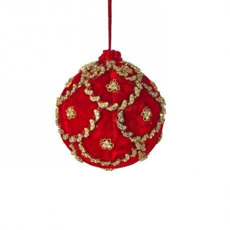 4" JEWELED SCALLOPED VELVET BALL ORNAMENT RED