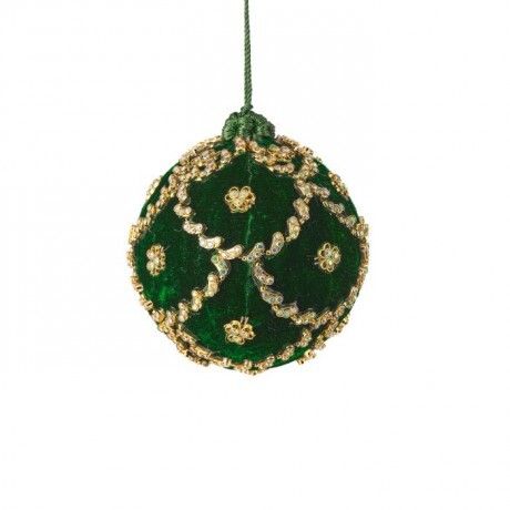 4" JEWELED SCALLOPED VELVET BALL ORNAMENT GREEN