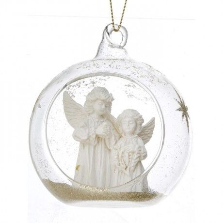 3" RESIN IN GLASS ANGELS BALL ORNAMENT CREAM WHITE