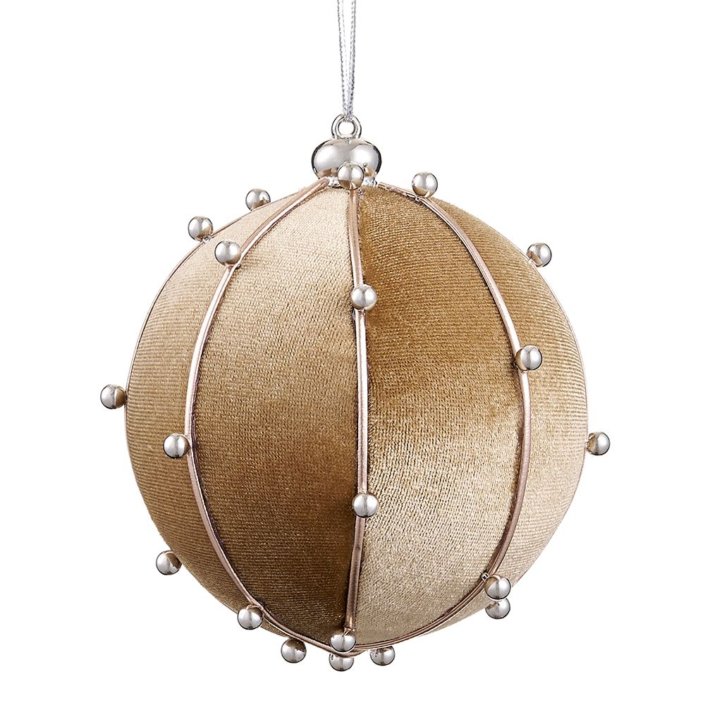 4" Beaded Velvet Ball Ornament Taupe