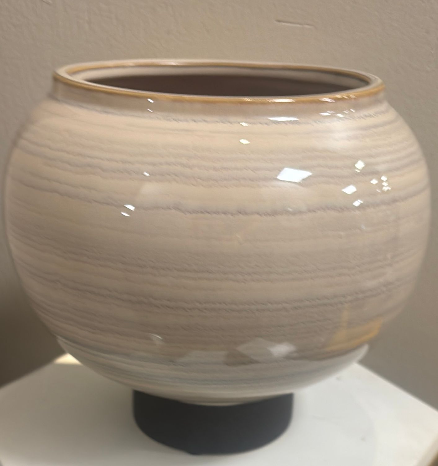 TAN STRIPE CERAMIC BOWL PLANTER