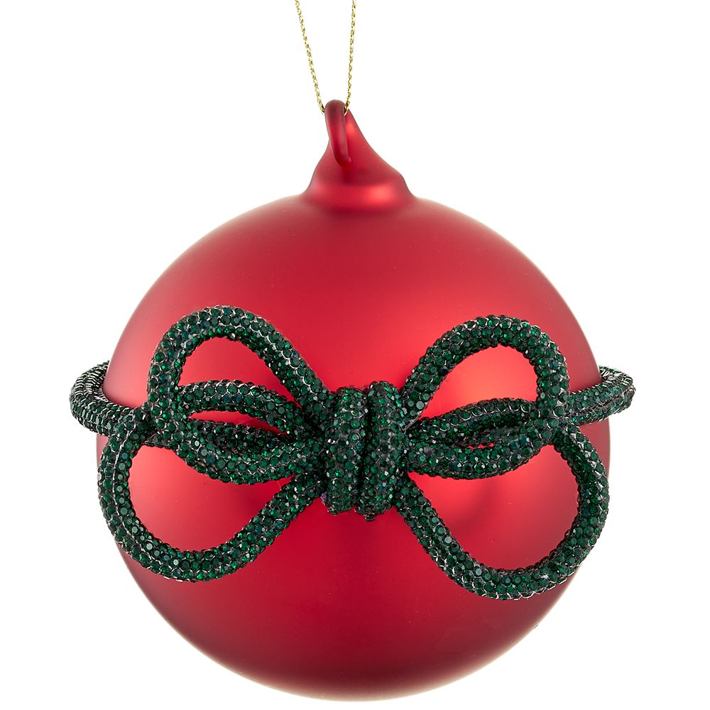 4" Glass Ball Ornament W/Diamond Bow Red