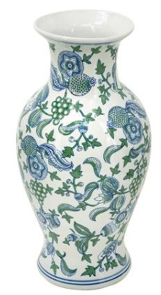 D9.5x18.5" DECORATIVE PORCELAIN VASE WITH BLUE, GREEN, &amp; WHITE CHERRY BLOSSOM PATTERNS