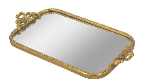 21.5x1.5x12" ORNATE GOLD IRON TRAY WITH MIRRORED SURFACE